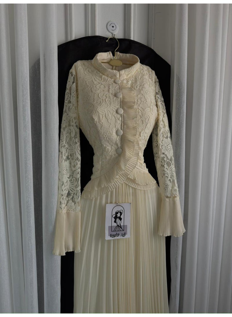 Cutie Women's Pleated Maxi Evening Dress with Lace Sleeves and Ruffle Waist Detail - Off-White - Image 5